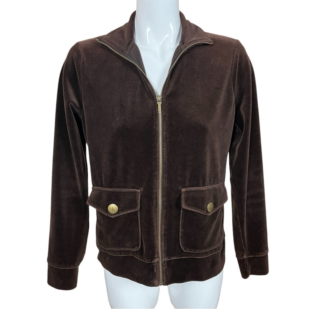 Lauren Ralph Lauren Brown Velour Full Zip Warm Up Jacket with Pocket Size Medium